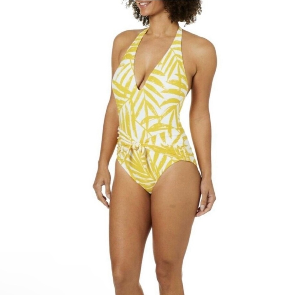 Carmen Marc Valvo Imperial Palm white and yellow one piece swimsuit, size 10